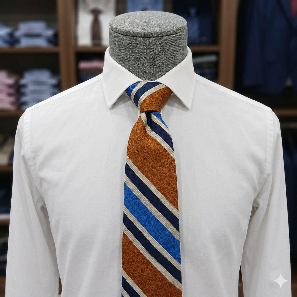 Vintage Maier Fort Wayne Indiana Men Orange Blue Striped Polyester Tie 4 Inch